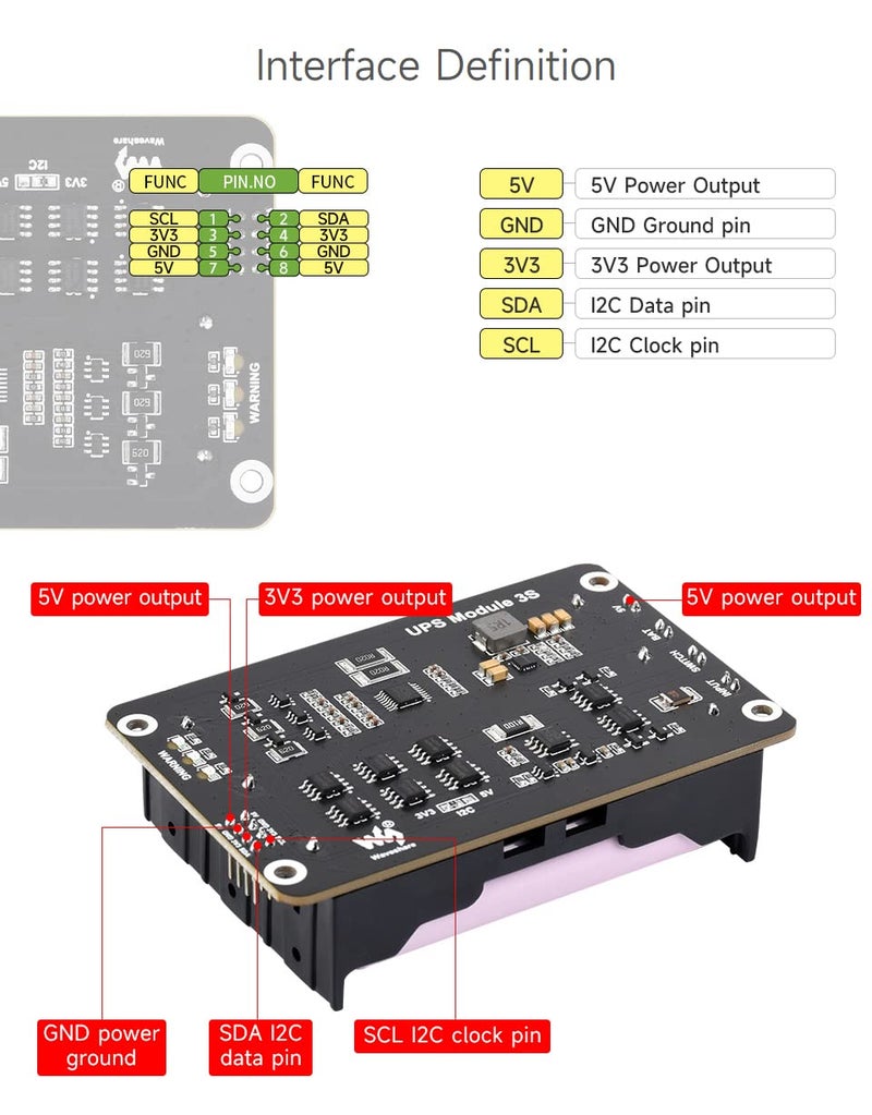Waveshare Uninterruptible Power Supply (UPS) Module, Supports Charging and Power Output at The Same Time, 3S & 5V 5A Output, Compatible with Raspberry Pi Board - Image 5