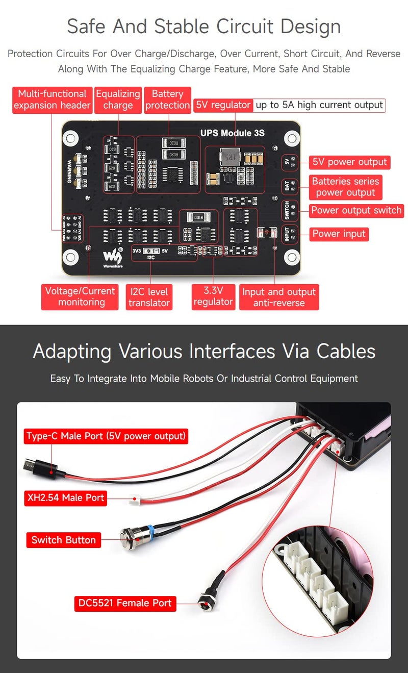 Waveshare Uninterruptible Power Supply (UPS) Module, Supports Charging and Power Output at The Same Time, 3S & 5V 5A Output, Compatible with Raspberry Pi Board - Image 4