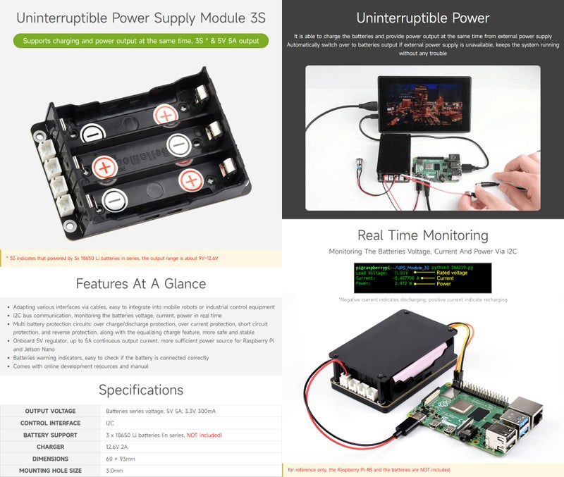 Waveshare Uninterruptible Power Supply (UPS) Module, Supports Charging and Power Output at The Same Time, 3S & 5V 5A Output, Compatible with Raspberry Pi Board - Image 3