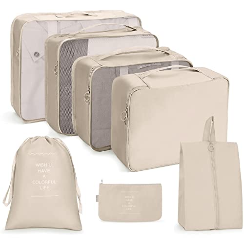 Niwlix Nylon Travel Organizer 7 In 1 Packing Cube For Travel Space Saver Laundry Cosmetics Luggage Makeup Bag Organizers Set With Shoe Bag For Travel (Beige) - Image 1