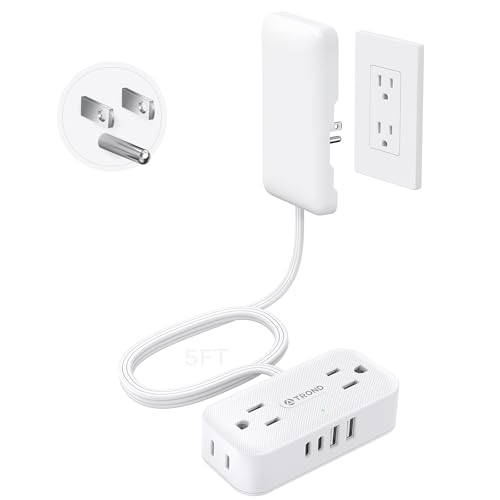 TROND 5FT Flat Extension Cord with Ultra-Thin Outlet Cover, Flat Wall Plug Power Strip with 4 AC 4 USB Ports, Hidden Outlet Extender for Tight Spaces, 10A/1250W, 900J Surge Protection, White - Image 1
