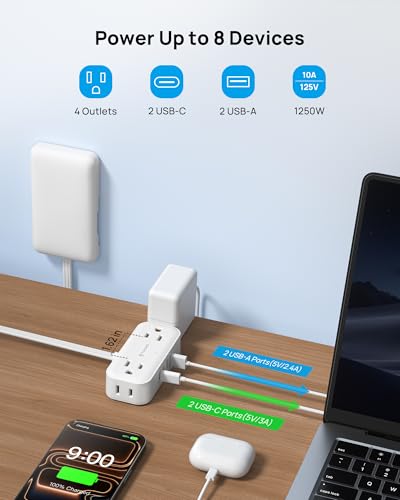 TROND 5FT Flat Extension Cord with Ultra-Thin Outlet Cover, Flat Wall Plug Power Strip with 4 AC 4 USB Ports, Hidden Outlet Extender for Tight Spaces, 10A/1250W, 900J Surge Protection, White - Image 2