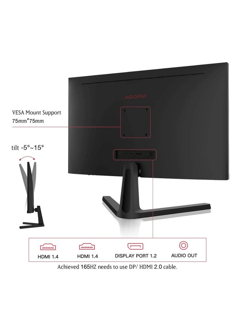 KOORUI 24-Inch VA FHD Gaming Monitor, 165Hz Refresh Rate, 16:9 Aspect Ratio, 1ms Response Time, G-Sync&FreeSync Technology, 85% DCI-P3 Color Gamut, VESA Compatible, DP1.2 / HDMI1.4 x2, Black | 24E4  - Image 5