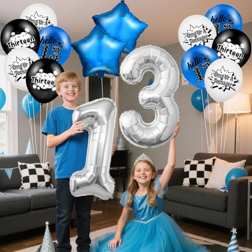TagreSpike Happy 13th Birthday Balloons Decorations OMG UR A TEENAGER Number 13 Foil Star Balloons Funny Black Blue White Hello 13th Birthday Latex Balloons for Girls Boys 13 Years Old Bday Party Supplies - Image 5