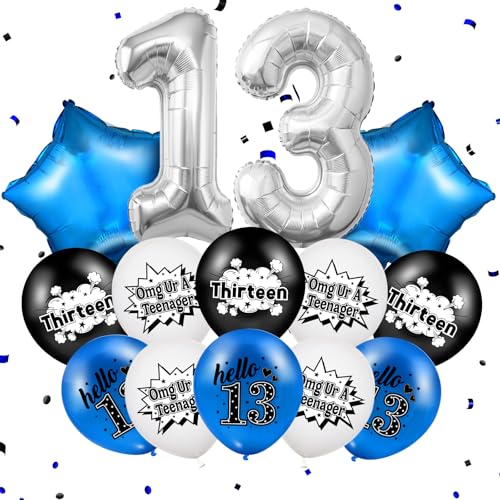TagreSpike Happy 13th Birthday Balloons Decorations OMG UR A TEENAGER Number 13 Foil Star Balloons Funny Black Blue White Hello 13th Birthday Latex Balloons for Girls Boys 13 Years Old Bday Party Supplies - Image 1