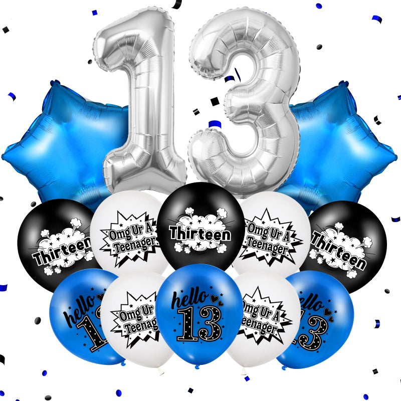 TagreSpike Happy 13th Birthday Balloons Decorations OMG UR A TEENAGER Number 13 Foil Star Balloons Funny Black Blue White Hello 13th Birthday Latex Balloons for Girls Boys 13 Years Old Bday Party Supplies - Image 3