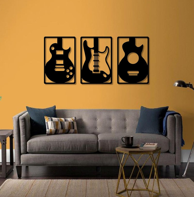 AD INFINITUM® Wooden Wall Art Hanging | Black Designed Wooden Decor Sculptures | Black Wall Art Decoration for Contemporary Home, Above Bed Decor, Bedroom, Living Room, Office etc. (Guitar, set of 3) - Image 2