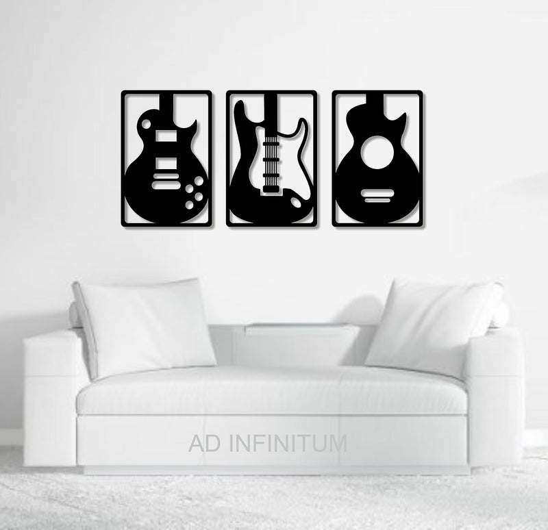 AD INFINITUM® Wooden Wall Art Hanging | Black Designed Wooden Decor Sculptures | Black Wall Art Decoration for Contemporary Home, Above Bed Decor, Bedroom, Living Room, Office etc. (Guitar, set of 3) - Image 1