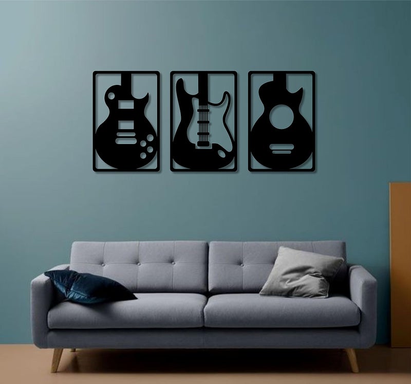 AD INFINITUM® Wooden Wall Art Hanging | Black Designed Wooden Decor Sculptures | Black Wall Art Decoration for Contemporary Home, Above Bed Decor, Bedroom, Living Room, Office etc. (Guitar, set of 3) - Image 3