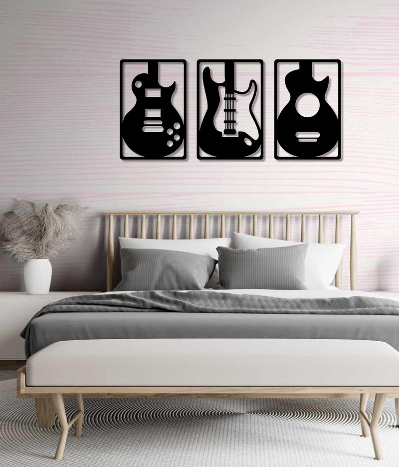 AD INFINITUM® Wooden Wall Art Hanging | Black Designed Wooden Decor Sculptures | Black Wall Art Decoration for Contemporary Home, Above Bed Decor, Bedroom, Living Room, Office etc. (Guitar, set of 3) - Image 5