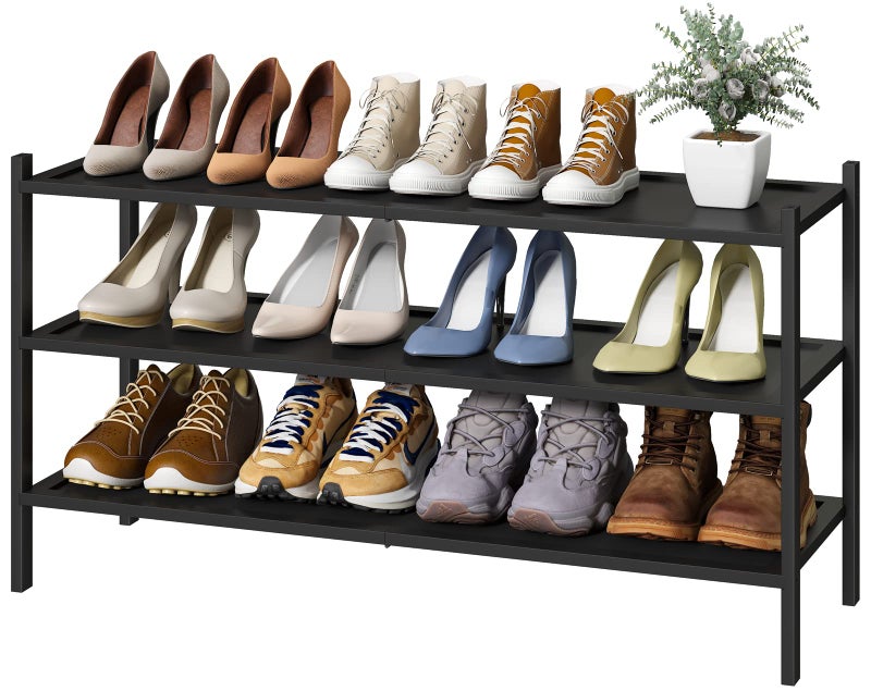 kiplant Black Long Shoe Rack 3Tier Bamboo Wood Shoe Rack for Entryway Stackable  Foldable  Natural Shoe Organizer for Hallway Closet Free Standing Shoe Racks for Indoor Outdoor