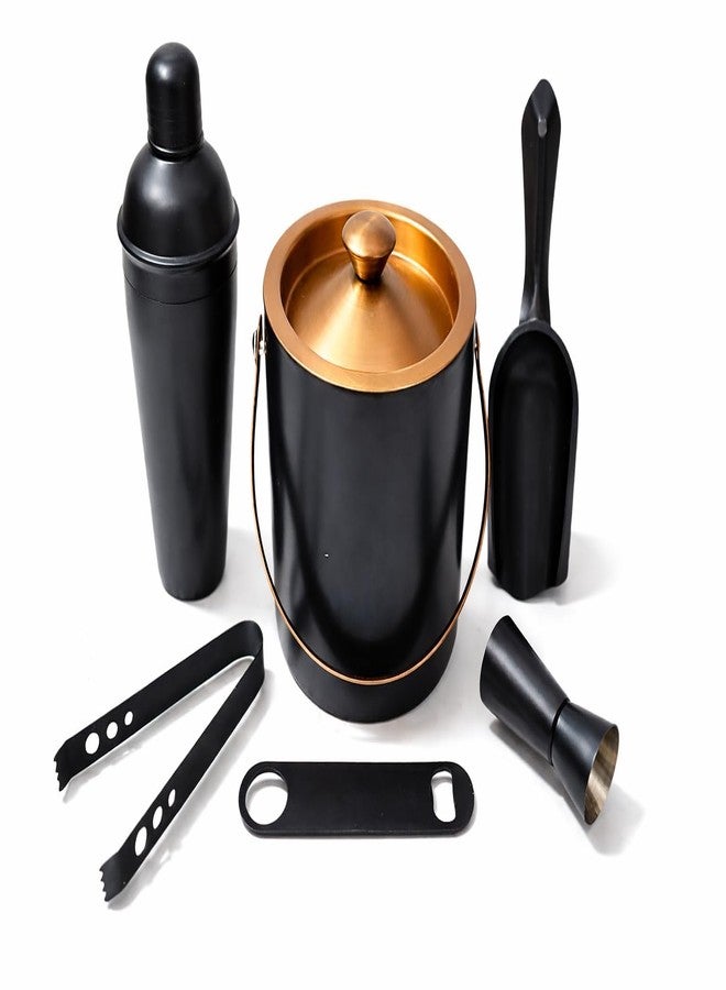 Nooks Stainless Steel Bar Accessories Set - 6pcs Combo Pack in Black With Ice Bucket 1ltr, Tong, Cocktail Shaker, Peg Measure and Opener for Home and Mini Bar - Image 1