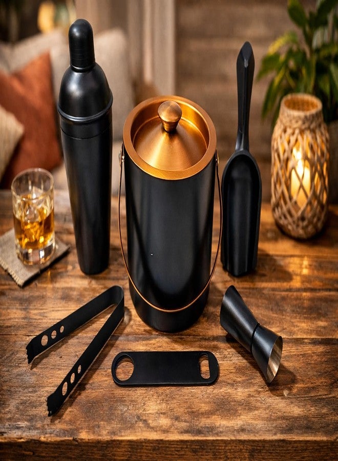 Nooks Stainless Steel Bar Accessories Set - 6pcs Combo Pack in Black With Ice Bucket 1ltr, Tong, Cocktail Shaker, Peg Measure and Opener for Home and Mini Bar - Image 2