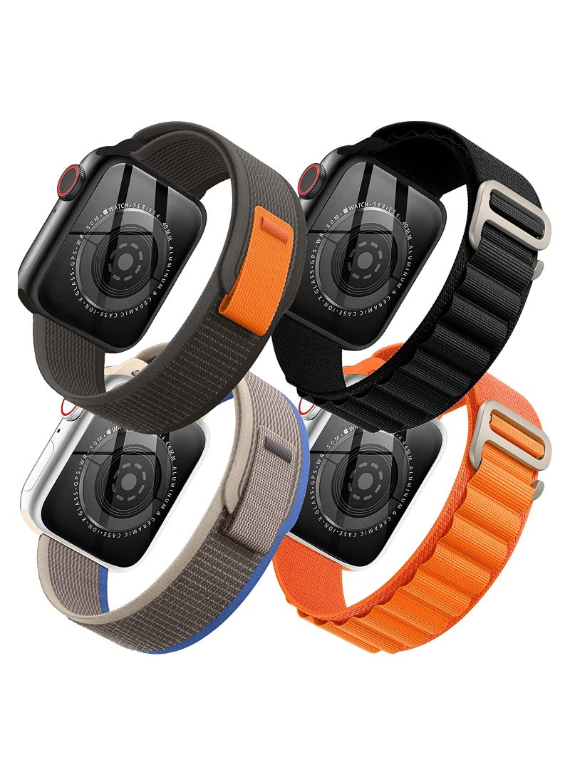 Zikra 4 Pack Trail Loop Nylon Band for Apple Watch Band 49mm 45mm 44mm 42mm Women Men Adjustable with Metal G-Hook Strap for iWatch Ultra Series SE 8/7/6/5/4/3/2/1, Black/Orange/Black/Blue - Image 1