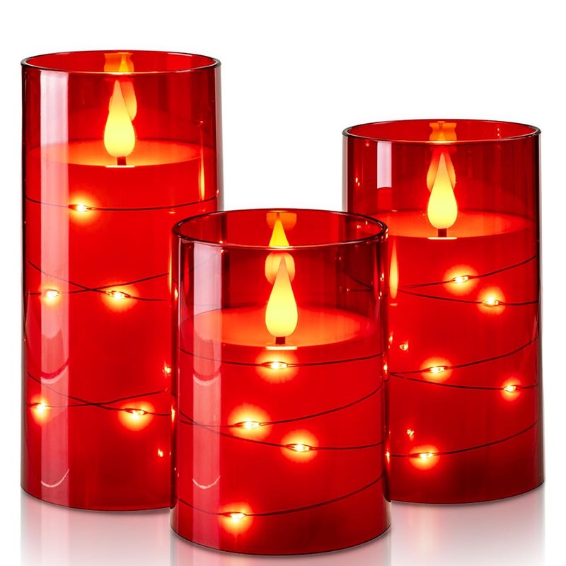 GLODD Flameless Candles 3 Set, Flickering Battery Operated Candles Embedded Fairy String Light, Realistic Pillar Candle with Remote Control and Timer, Acrylic Red, D3 x H 4" 5" 6" - Image 1
