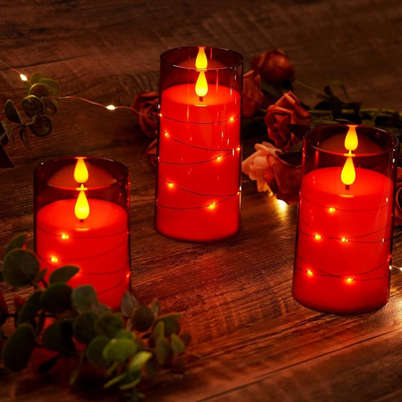 GLODD Flameless Candles 3 Set, Flickering Battery Operated Candles Embedded Fairy String Light, Realistic Pillar Candle with Remote Control and Timer, Acrylic Red, D3 x H 4" 5" 6" - Image 2