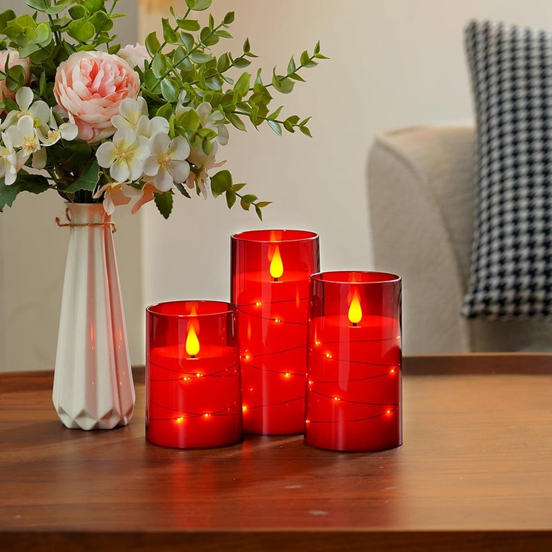 GLODD Flameless Candles 3 Set, Flickering Battery Operated Candles Embedded Fairy String Light, Realistic Pillar Candle with Remote Control and Timer, Acrylic Red, D3 x H 4" 5" 6" - Image 4