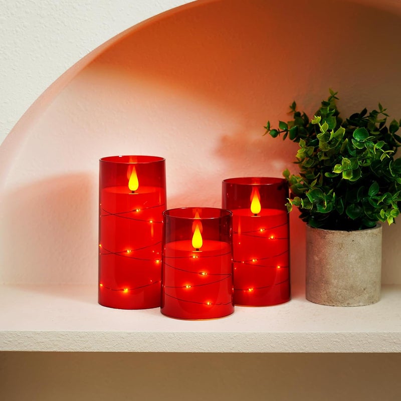 GLODD Flameless Candles 3 Set, Flickering Battery Operated Candles Embedded Fairy String Light, Realistic Pillar Candle with Remote Control and Timer, Acrylic Red, D3 x H 4" 5" 6" - Image 5