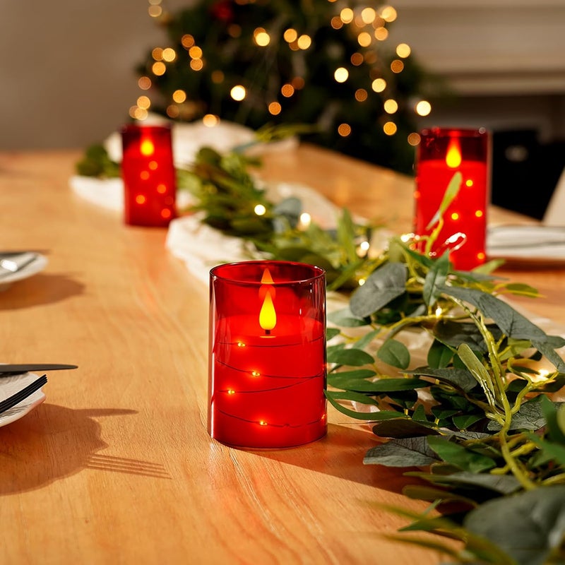 GLODD Flameless Candles 3 Set, Flickering Battery Operated Candles Embedded Fairy String Light, Realistic Pillar Candle with Remote Control and Timer, Acrylic Red, D3 x H 4" 5" 6" - Image 3