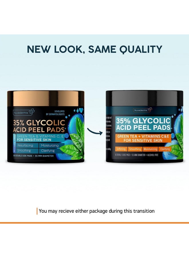 35% Glycolic Acid Peel Pads - Exfoliating Facial Resurfacing For Blackheads, Dark Spots, And Acne - Safe For Sensitive Skin - 60 Double-Sided Pads