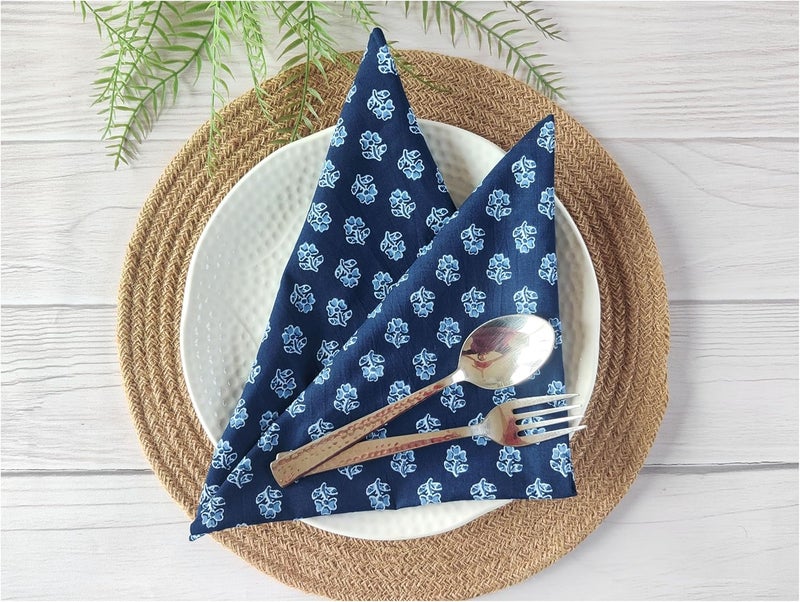 AVKA Studio Soft Cotton Napkins 18x18 inches  Washable Thin Cloth Dinner Napkins Set of 6  Everyday Use or Dinner Party and Events  Indigo Blue Floral Lightweight Indian Block Print Soft Fabric by Craftbot - Image 1