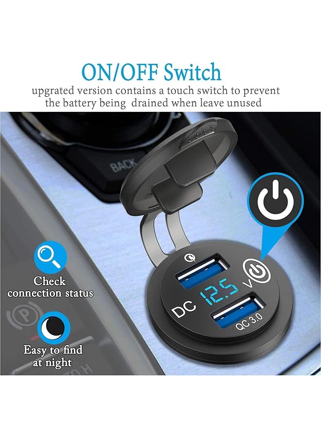 KASTWAVE Qc 3.0 Car Usb Charger Socket Lighter Socket 12V/24V Power Outlet With Led Digital Voltmeter And Touch Switch For Car Boat Marine - Image 3