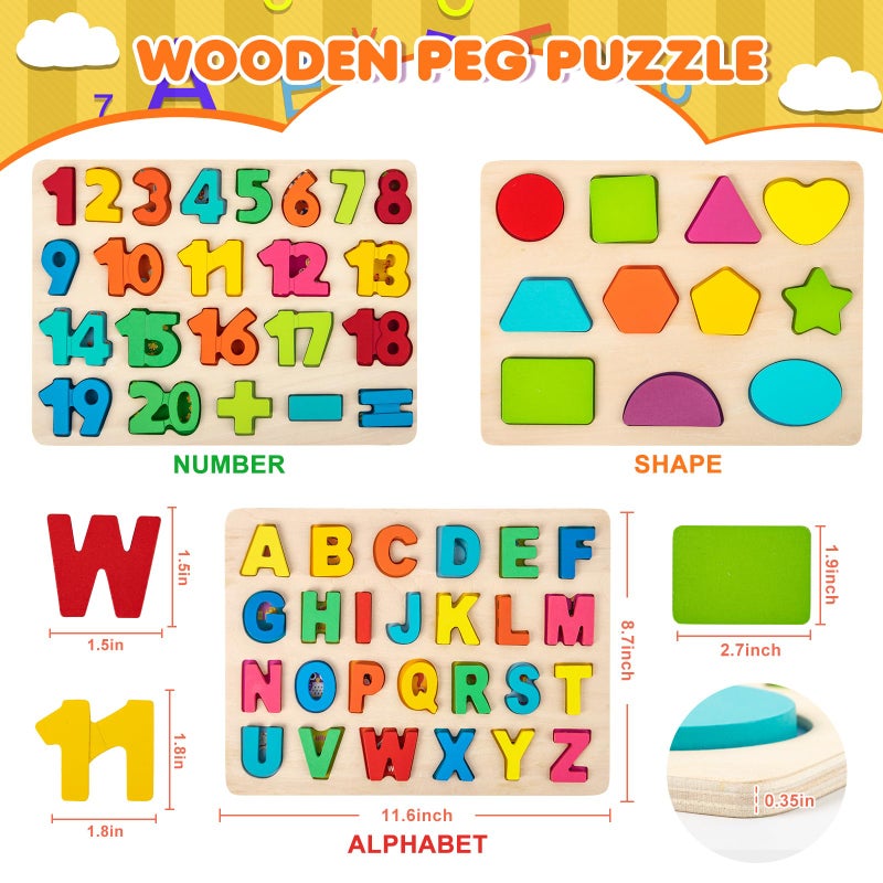 Attmu Wooden Puzzles for Toddlers, Alphabet Puzzle and Number Shape Puzzle, 3 in 1 Preschool Educational Learning Toys with Chunky Wood ABC Puzzle Board for 2 3 4 5 Girls Boys Kindergarten Set of 3 - Image 5