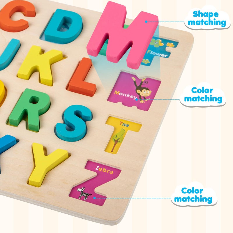 Attmu Wooden Puzzles for Toddlers, Alphabet Puzzle and Number Shape Puzzle, 3 in 1 Preschool Educational Learning Toys with Chunky Wood ABC Puzzle Board for 2 3 4 5 Girls Boys Kindergarten Set of 3 - Image 4
