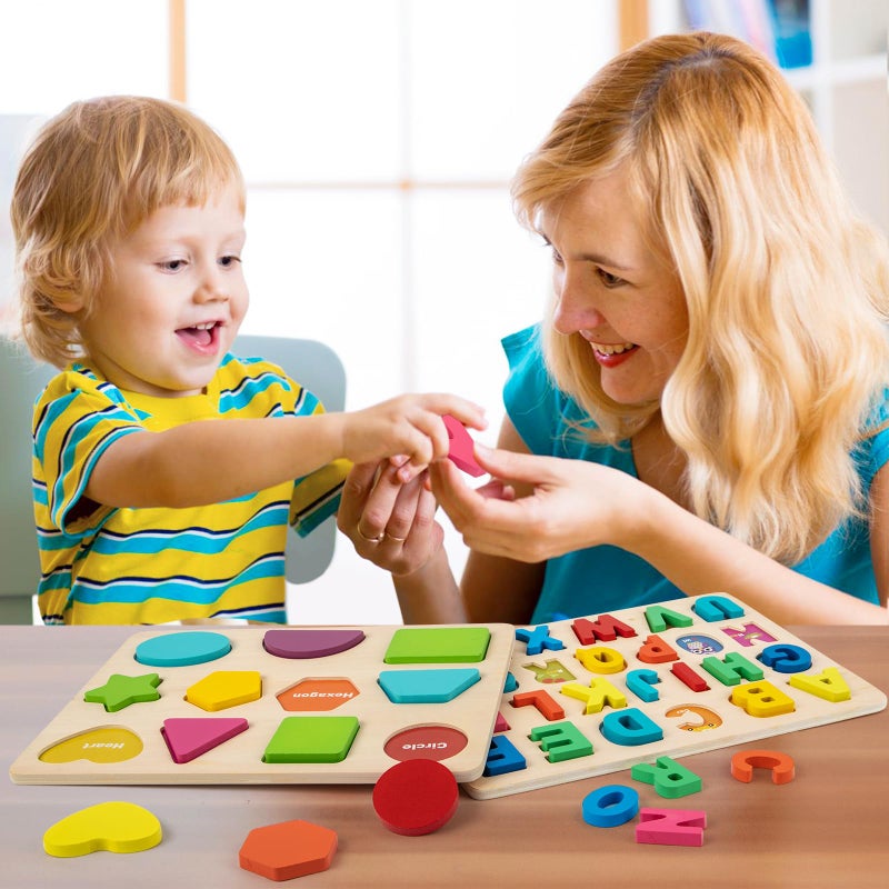 Attmu Wooden Puzzles for Toddlers, Alphabet Puzzle and Number Shape Puzzle, 3 in 1 Preschool Educational Learning Toys with Chunky Wood ABC Puzzle Board for 2 3 4 5 Girls Boys Kindergarten Set of 3 - Image 2