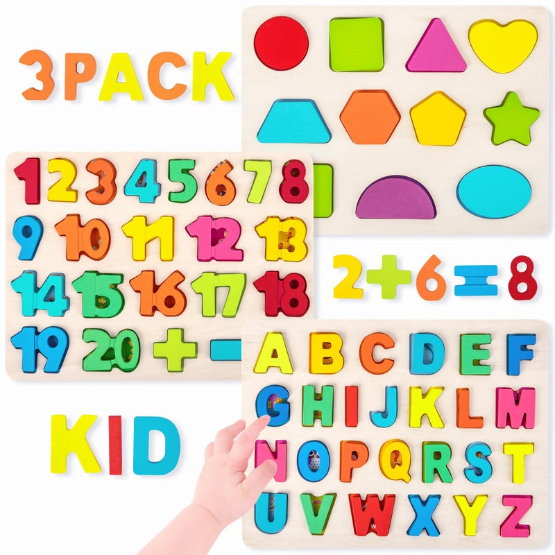 Attmu Wooden Puzzles for Toddlers, Alphabet Puzzle and Number Shape Puzzle, 3 in 1 Preschool Educational Learning Toys with Chunky Wood ABC Puzzle Board for 2 3 4 5 Girls Boys Kindergarten Set of 3 - Image 1