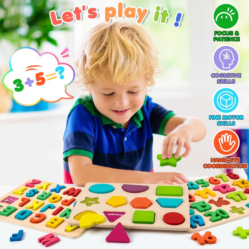 Attmu Wooden Puzzles for Toddlers, Alphabet Puzzle and Number Shape Puzzle, 3 in 1 Preschool Educational Learning Toys with Chunky Wood ABC Puzzle Board for 2 3 4 5 Girls Boys Kindergarten Set of 3 - Image 3