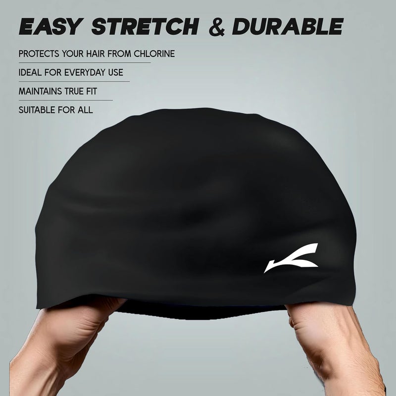 KONEX Waterproof Silicone Swimming Cap for Men & Women | Stretchable & Quick-Dry | Prevents Hair Pull & Chemical Damage | Ideal for Children & Adult (Black) - Image 3