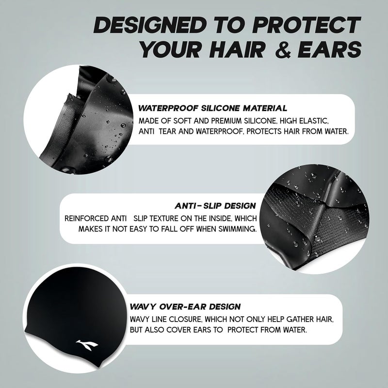KONEX Waterproof Silicone Swimming Cap for Men & Women | Stretchable & Quick-Dry | Prevents Hair Pull & Chemical Damage | Ideal for Children & Adult (Black) - Image 4