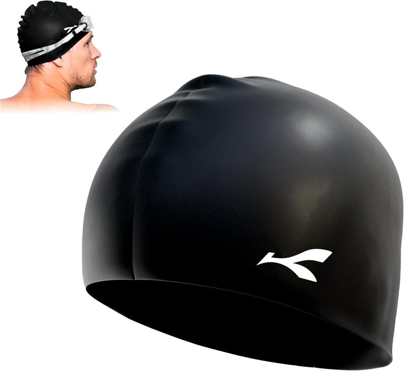 KONEX Waterproof Silicone Swimming Cap for Men & Women | Stretchable & Quick-Dry | Prevents Hair Pull & Chemical Damage | Ideal for Children & Adult (Black) - Image 1