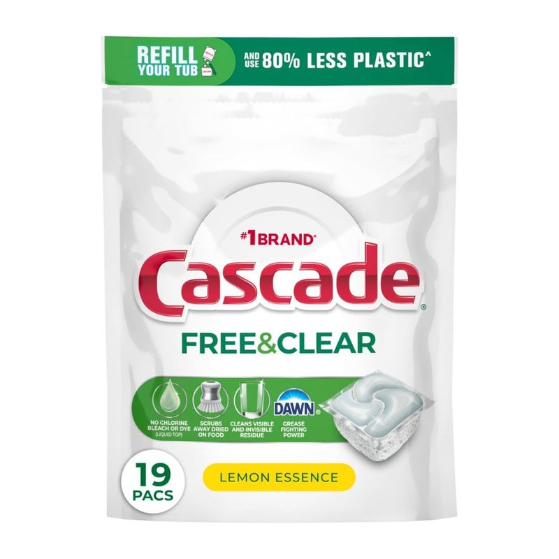 Cascade Free & Clear Dishwasher Pods, Dishwasher Detergent, Dish Detergent Soap, Lemon Essence, 19 Count - Image 1