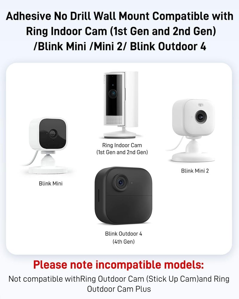 KMOUANTS No Drill Ring Indoor Cam Adhesive Wall Mount Bracket, Strong Durable Adhesive Camera Mount Stand for Ring Indoor Cam and Indoor Cam Plus/Blink Mini 2K+/Outdoor 4 Mount, 2 Pack Mount Bracket - Image 2