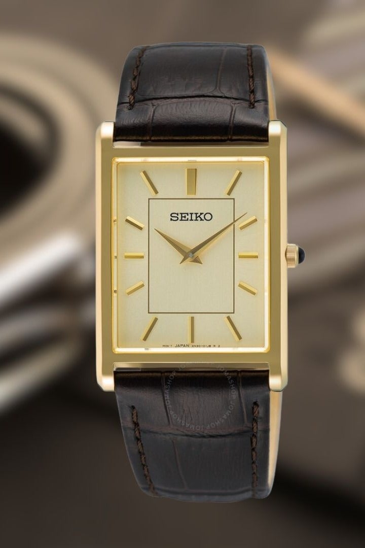 Seiko SWR106P1 Classic Gold-Tone Rectangular Watch with Black Leather Strap Men's Watch - Image 2