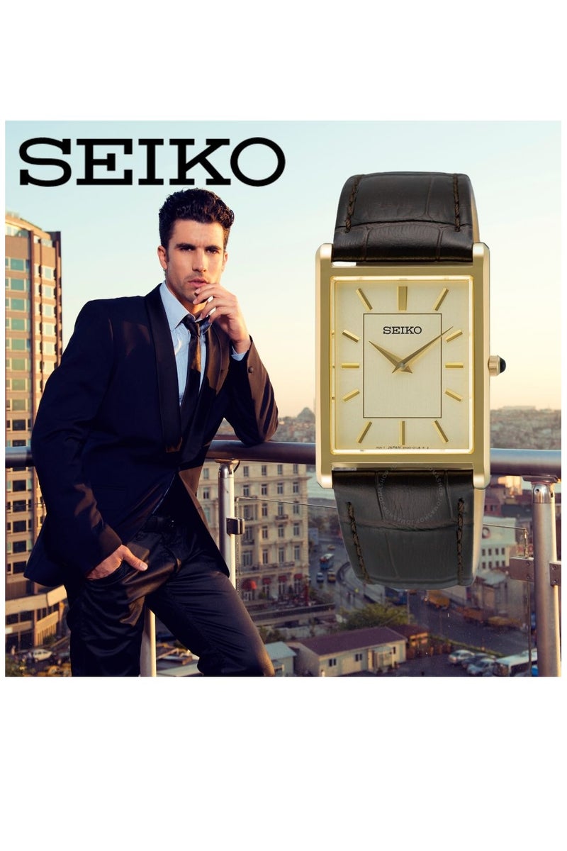 Seiko SWR106P1 Classic Gold-Tone Rectangular Watch with Black Leather Strap Men's Watch - Image 1