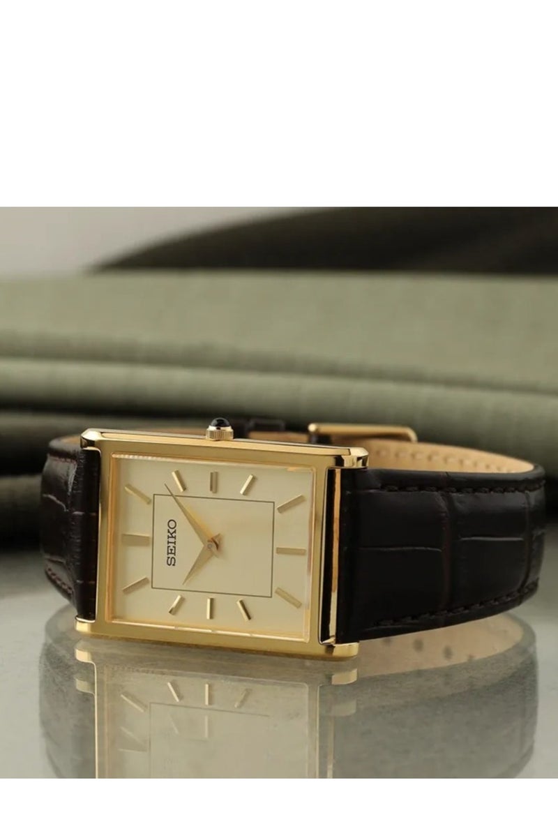 Seiko SWR106P1 Classic Gold-Tone Rectangular Watch with Black Leather Strap Men's Watch - Image 3