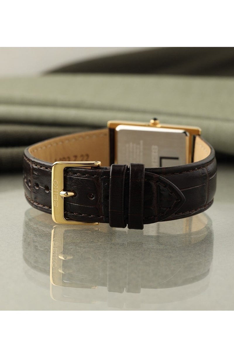 Seiko SWR106P1 Classic Gold-Tone Rectangular Watch with Black Leather Strap Men's Watch - Image 4