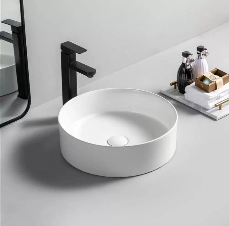 REMOTION Ceramic Table Top Wash Basin Vessel Sink Over Counter Basin | Designer Counter Top Wash Basin For Bathroom & Living Room (Round Shape White Glossy Basin, 12 X 12 X 5 Inch) - Image 3