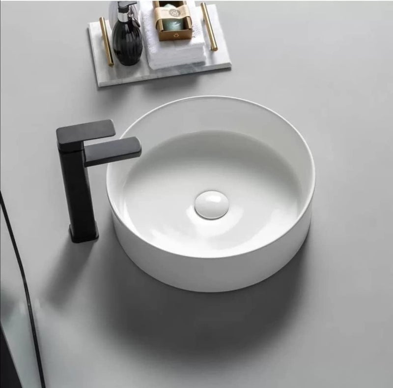 REMOTION Ceramic Table Top Wash Basin Vessel Sink Over Counter Basin | Designer Counter Top Wash Basin For Bathroom & Living Room (Round Shape White Glossy Basin, 12 X 12 X 5 Inch) - Image 2