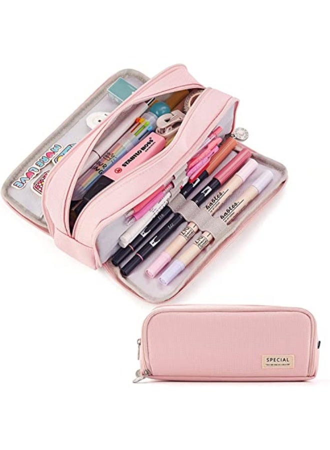 SPECIAL Large Capacity Pencil Case 3 Compartment Pouch Pen Bag for School Teen Girl Boy Men Women, Pink, Lightweight,travel