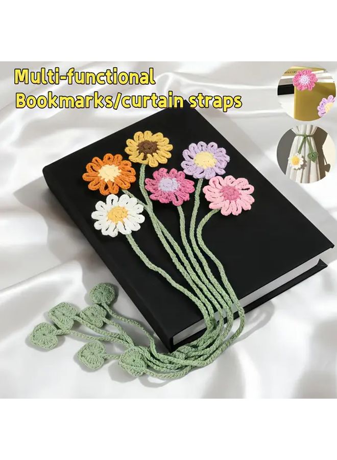 1pc Hand Crocheted Purple Daisy And Sunflower Bookmarks With Green Stems Durable Polyester Floral Design For Book Lovers Teachers Reading Classroom Use - Image 1