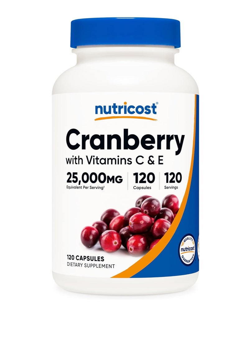 Nutricost Cranberry Extract (25,000mg) (120 Capsules) with Vitamin C & Vitamin E - Image 1