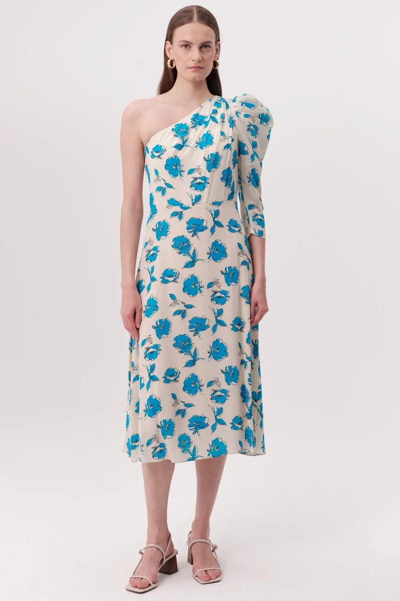EXQUISE One-Sleeve Floral Print Midi Dress