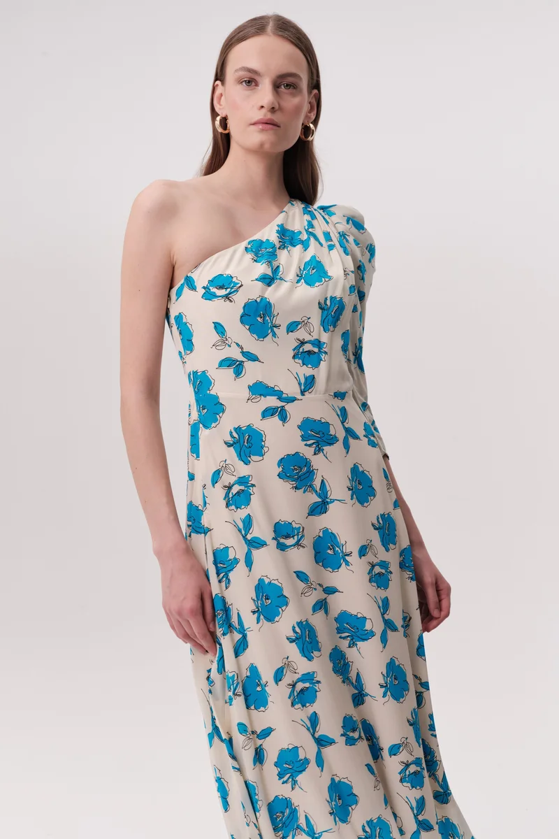 EXQUISE One-Sleeve Floral Print Midi Dress