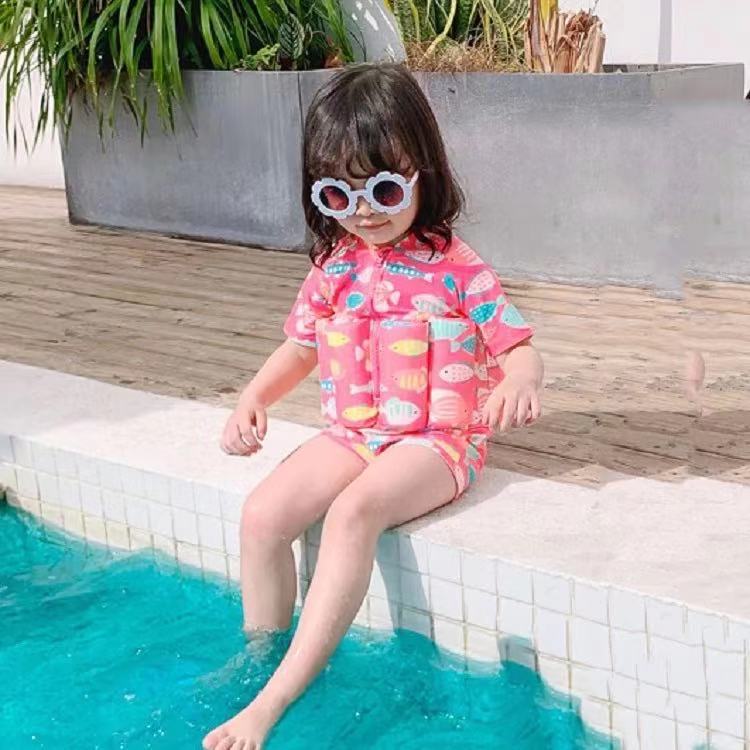 Generic Kids Cartoon One-Piece Swimsuit Float Suit Buoyancy Pink Band Hat 