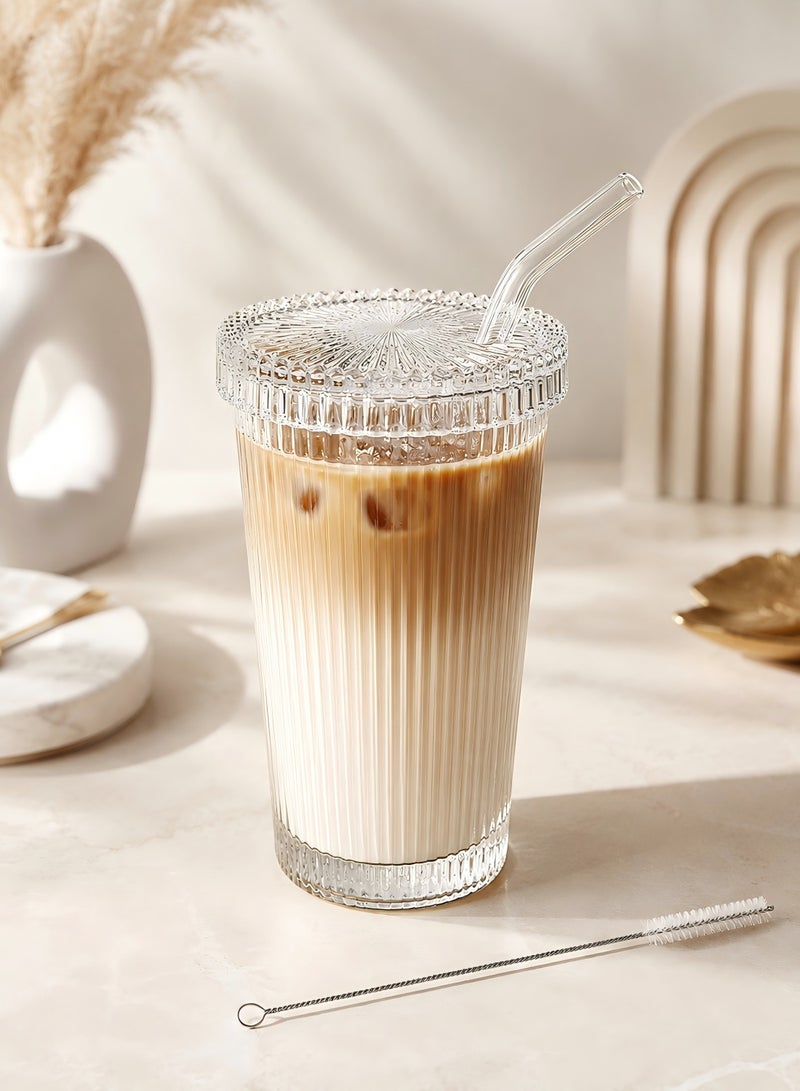 DAMCONME Glass Tumbler Stripe Glass Cup Coffee Cup With Lid and Straw Drinking Glasses for Water,Iced Coffee,Milk,Tea,Juice - with Cleaning Brushe - Image 1