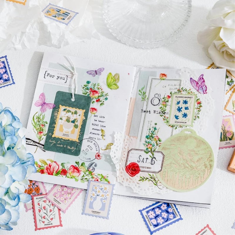 Obujopal 46 Pcs Flower Themed Post Stamp Stickers for Scrapbook Junk Journal Planner Diary Envelope Letter Card Making Collage Gift Wrapping Phone Case Craft Decoration, 23 Patterns - Image 5